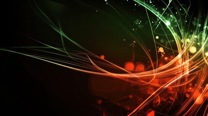 Abstract design featuring colorful light trails and particles on a dark background.