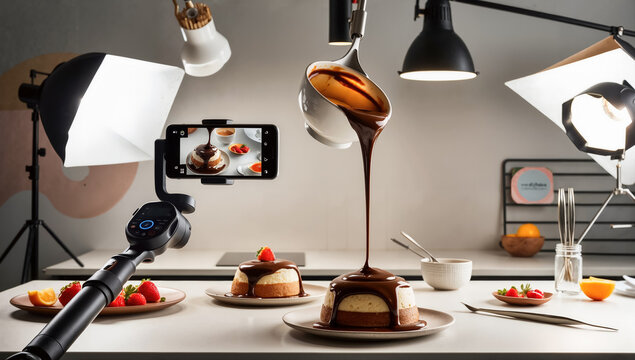 A professional food photography setup featuring chocolate syrup pouring over cake, captured with a smartphone. Culinary, food styling, or creative tutorial themes.