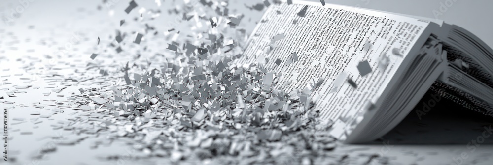 Poster an open book with fragmented pages dispersing into the air, symbolizing knowledge and creativity.