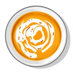 Obraz premium A bowl of creamy pumpkin soup with a drizzle of coconut cream, isolated white background, minimalist art style
