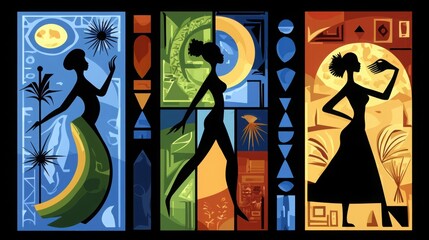 A vibrant artwork featuring silhouettes of women in three different poses, framed by colorful backgrounds inspired by nature and culture.