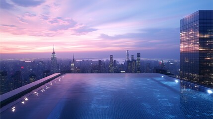 A luxurious rooftop pool scene with breathtaking city views as the sun sets and city lights begin to twinkle.
