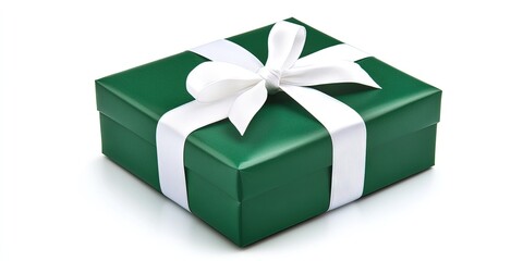 Green present wrapped in white bow, christmas holiday