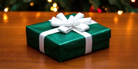 Green present wrapped in white bow, christmas holiday