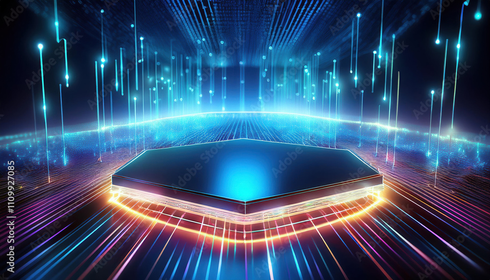 Poster vibrant conceptual art piece showcasing empty hexagon product stand illuminated by dynamic light pat