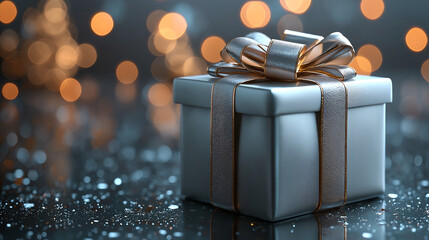 Grey luxury gift box and grey ribbon for a luxurious holiday celebration or special occasion