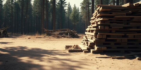 Obraz premium A pile of stacked wooden planks rests in a clearing of a forest, surrounded by fallen branches and sunlight dappling the sandy ground.