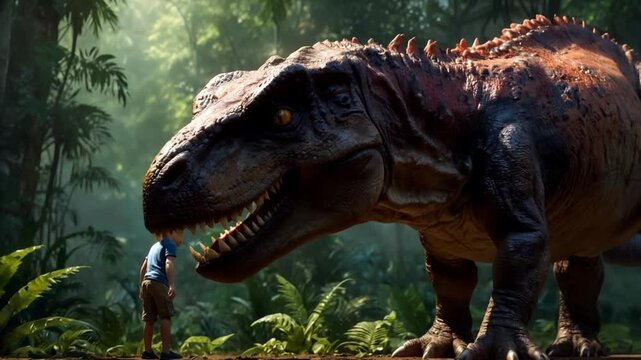 A T-Rex dinosaur and a child in a fantastic jungle. 02.