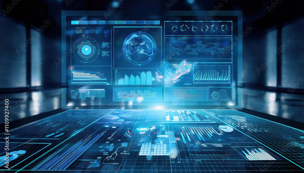 Poster futuristic digital dashboard with holographic interface displaying synchronized task updates and adv