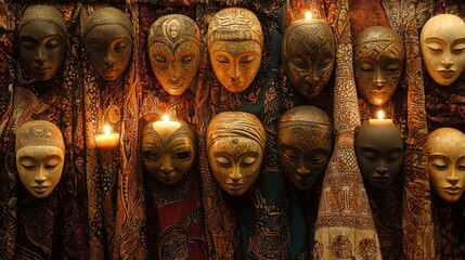 A collection of intricately designed masks illuminated by candlelight, showcasing artistic craftsmanship and cultural richness.
