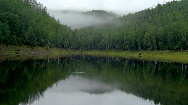Zeya Reservoir. A beautiful calm lake among green hills.