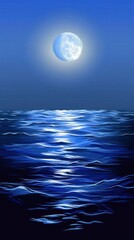 A serene night scene featuring a full moon reflecting on calm ocean waves.