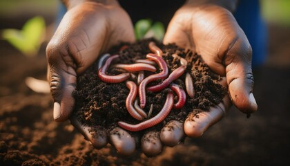  Hands supporting earthworms in fertile soil, fostering soil Health and sustainability