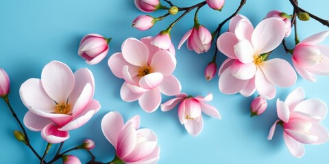 Fototapeta premium Delicate pink magnolia blossoms arranged on a vibrant blue background, creating a captivating floral display of springtime beauty.