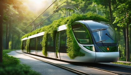A Futuristic tram surrounded by greenery, representing sustainable and eco friendly public transport