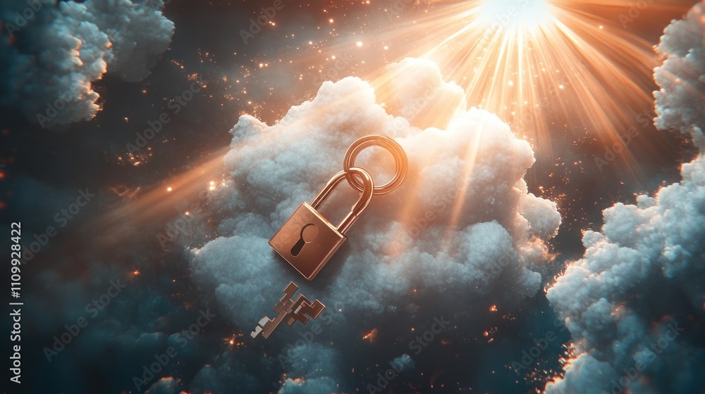 Poster a key and padlock floating among clouds with rays of light, symbolizing security and access.