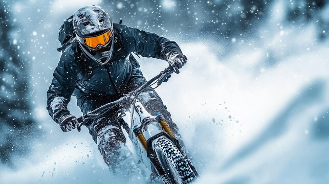 Dynamic winter sports image of a mountain biker navigating snowy terrain, perfect for promoting winter adventure tourism, sports gear, or ski events.
