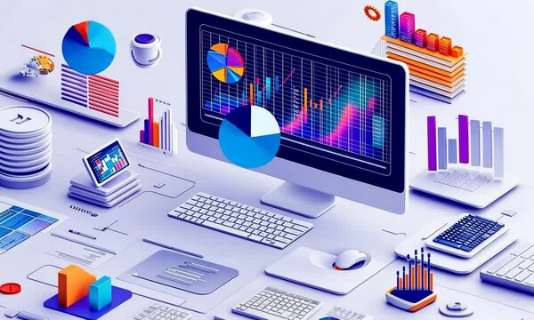 A digital workspace featuring charts, graphs, and devices for data analysis and visualization.