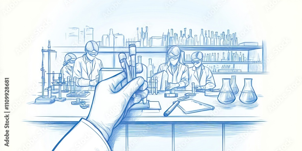 Aufkleber a laboratory scene with scientists conducting experiments and handling test tubes.