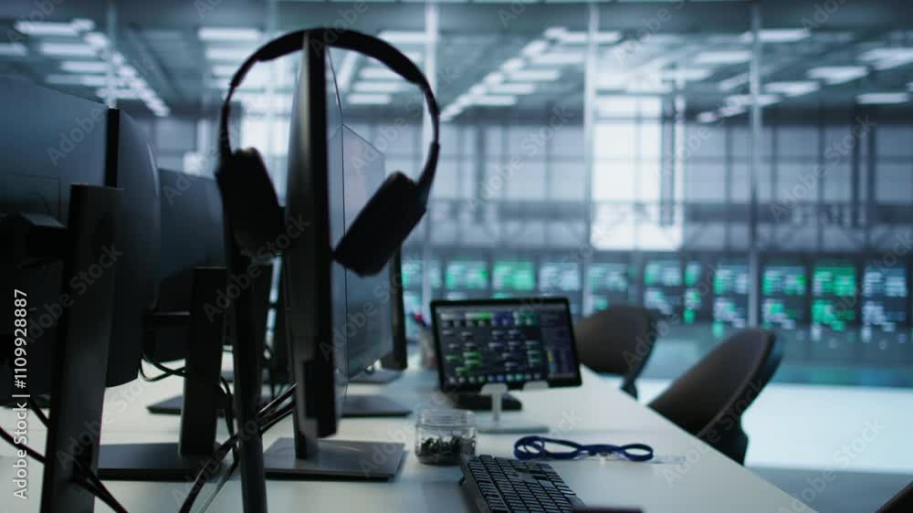 Poster close up of computer peripherals on server room desk used by employees working to ensure minimal dow