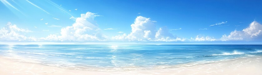 Obraz premium A serene beach scene with clear blue skies, gentle waves, and soft white sand.