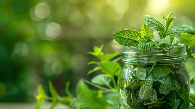 Fresh mint leaves in a glass jar with a blurred green background, showcasing a vibrant and refreshing natural ambiance for culinary or herbal themes
