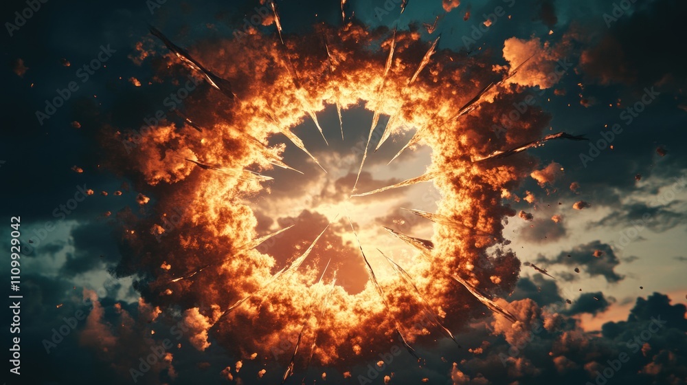 Aufkleber a dramatic explosion in the sky, creating a fiery circular pattern amidst clouds.