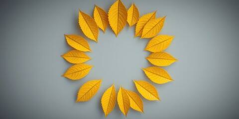 Obraz premium A circle of golden leaves arranged in a circular pattern against a cool, grey background.