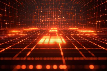 A digital grid with glowing orange elements, suggesting a futuristic or technological theme.