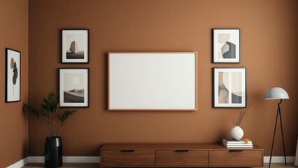 Modern living room with a minimalist aesthetic featuring framed abstract art, a potted plant, and a wooden console