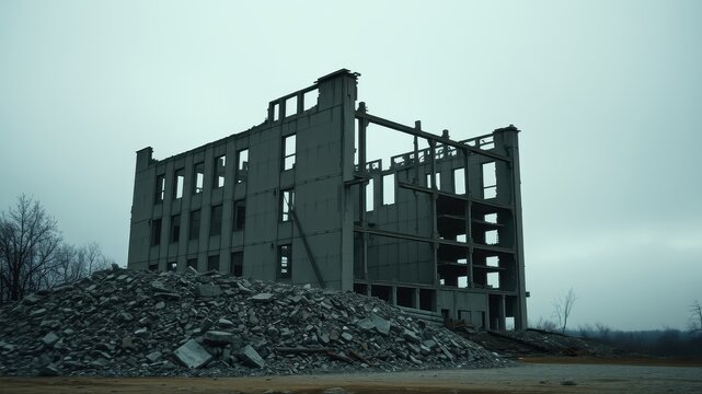 A decaying concrete structure stands against a somber sky, its skeletal frame a testament to time and neglect. The surrounding rubble speaks of its former glory, now reduced to dust and fragments.