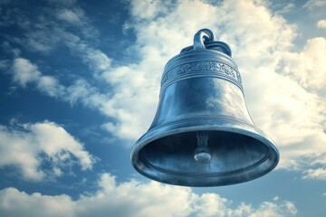 Fototapeta premium A large, metallic bell suspended against a backdrop of blue sky and clouds.