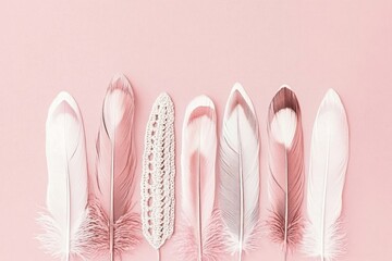 Aesthetic arrangement of light pink feathers and a lace element on a soft pink background.
