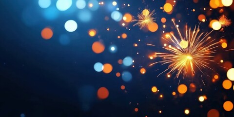 Beautiful fireworks display with vibrant gold and blue bokeh effects, perfect for New Year Eve celebrations and festive occasions