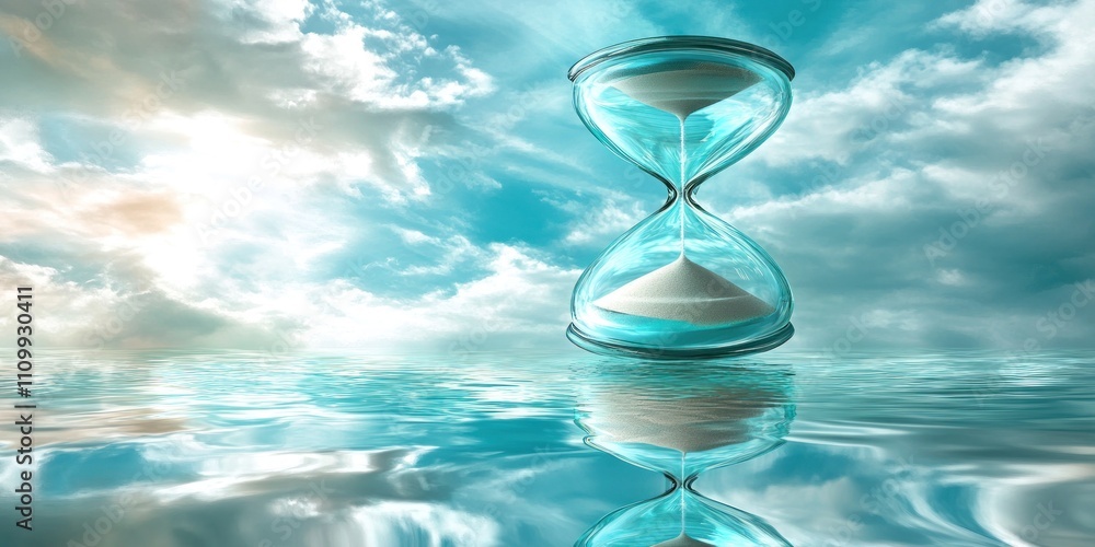 Poster an hourglass floating on water under a cloudy sky, symbolizing time and reflection.