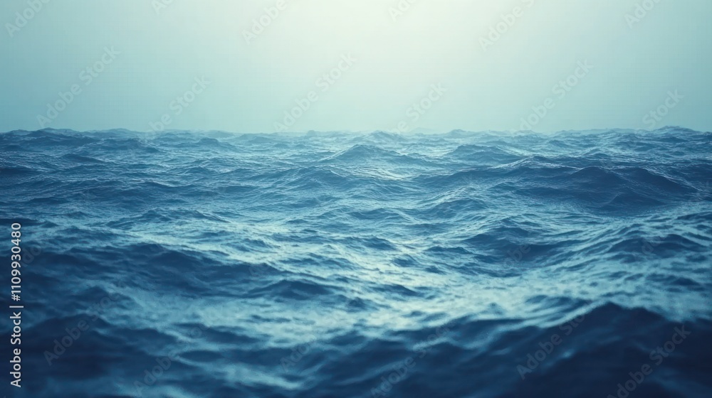 Poster a serene view of calm ocean waves under a soft, hazy light.