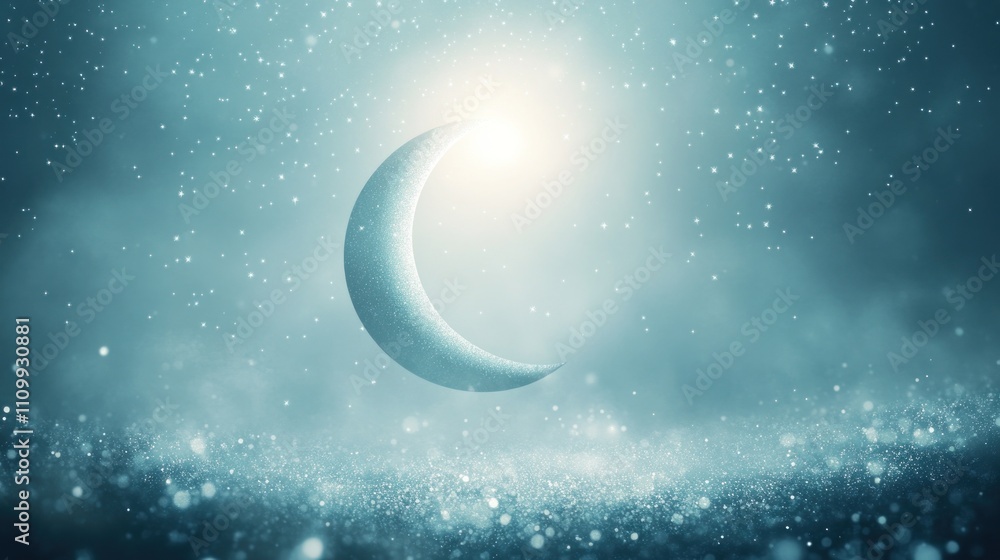 Poster a serene crescent moon surrounded by soft light and shimmering particles in a dreamy atmosphere.