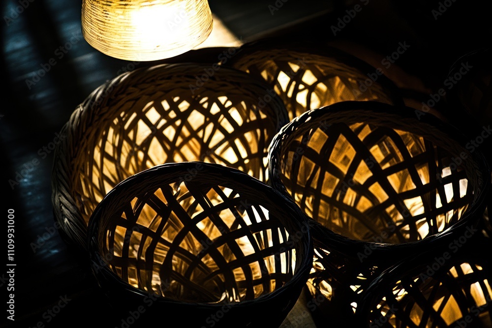 Poster a collection of woven baskets illuminated from within, showcasing intricate patterns.