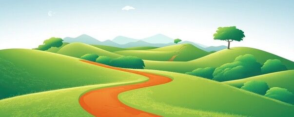 Obraz premium A serene landscape featuring rolling green hills and a winding red path under a clear sky.