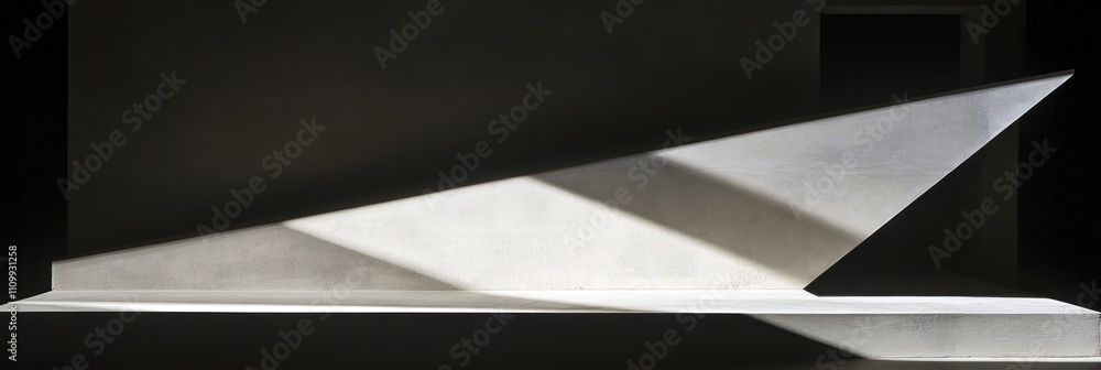 Poster a minimalist concrete structure casting sharp shadows in a dimly lit space.