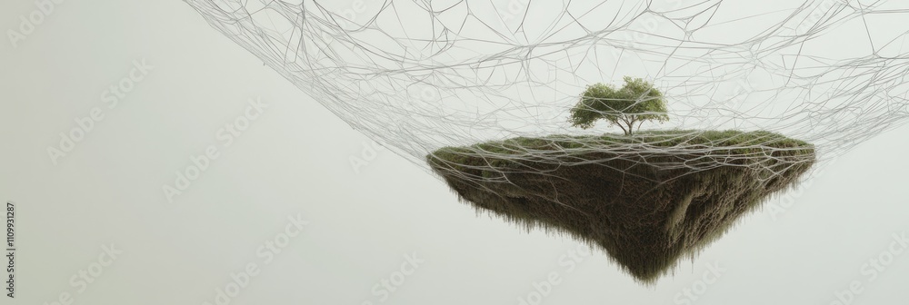 Poster a small island with a tree is suspended in a web, symbolizing nature and connectivity.