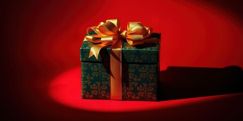 Obraz premium A single green gift box tied with a golden ribbon, illuminated by a spotlight on a bright red surface