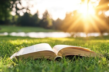 Open Book on Grass with Sunlight Shining Through Trees in Serene Park Setting