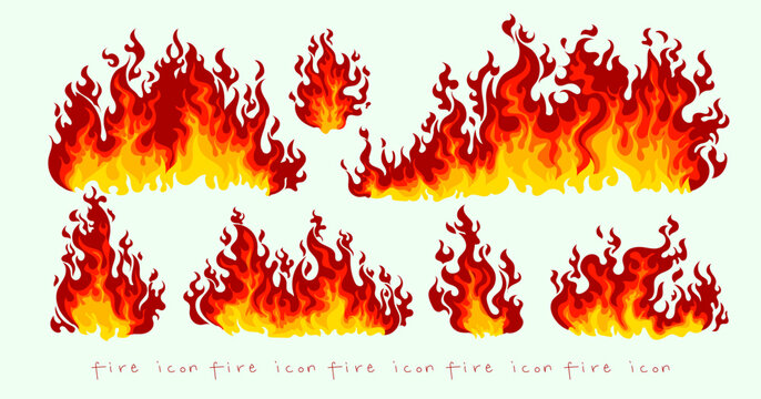Fire borders, flame, blazing dividers, hot flaming, wildfire campire and ignite element vector illustration set. Red burning collection isolated on background.