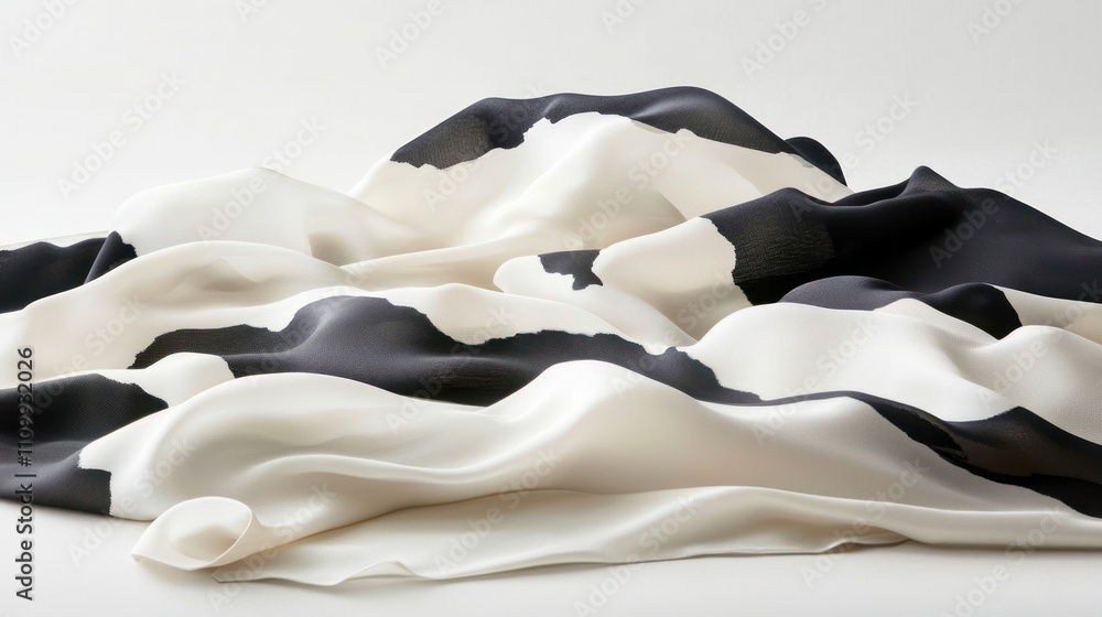 Poster a draped fabric featuring a black and white pattern, creating a soft, flowing texture.