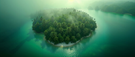 Fototapeta premium Pristine Natural Island Oasis Surrounded by Crystal Clear Lake Waters from Above