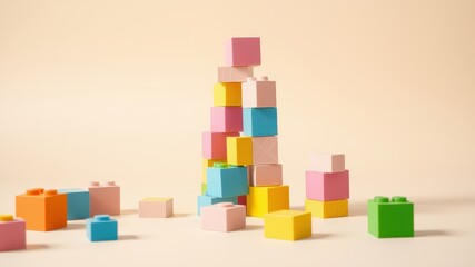 Fototapeta premium A Colorful Tower of Building Blocks Arranged in a Geometric Pattern on a Light Background