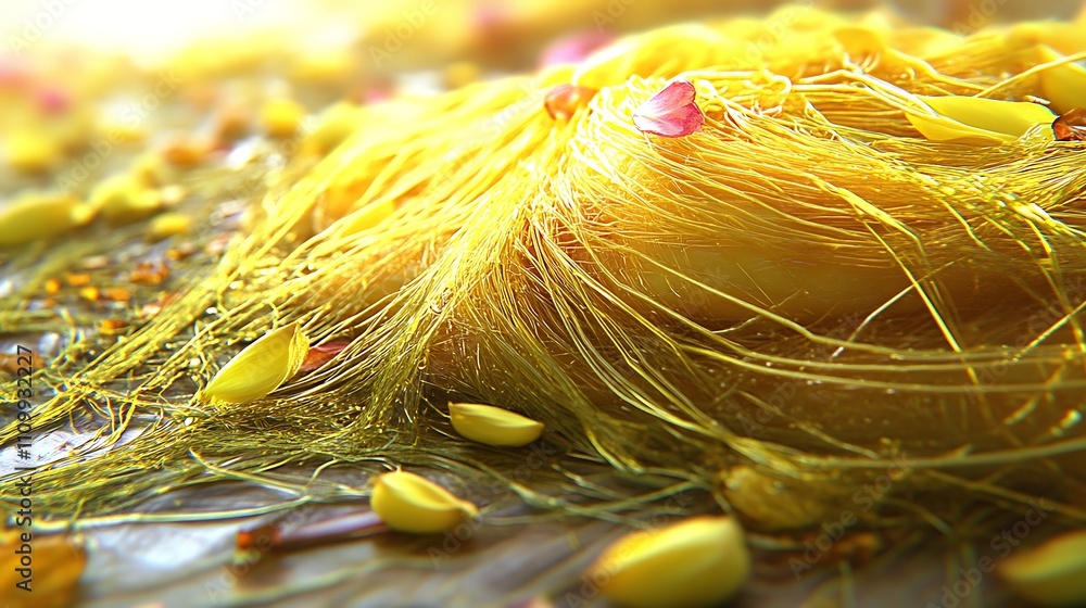 Poster A close-up of vibrant yellow strands and petals, creating a colorful and textured display.