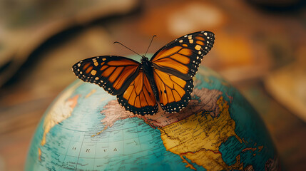 Butterfly perched on globe nature scene outdoor environment close-up view global biodiversity concept