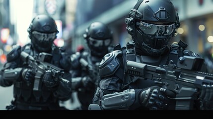 A group of fully armored soldiers with elite insignia marching in city street
